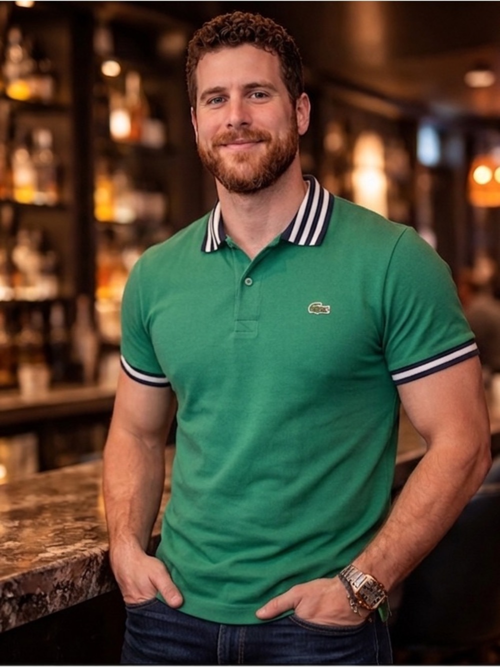 Lacoste Green Pique Polo with Navy-White Contrast Trim